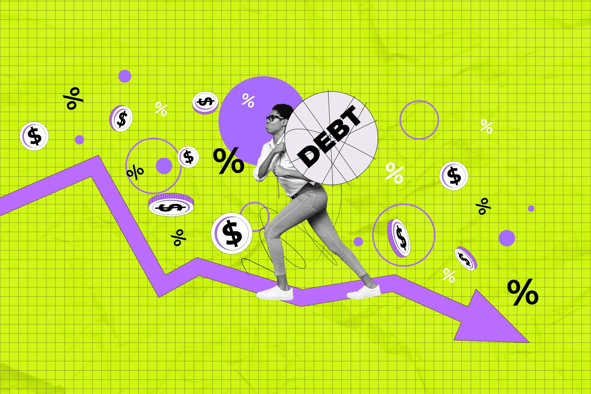Template sketch image composite artwork collage of target stats analyzing goal business arrow point young woman walk decrease effort debt